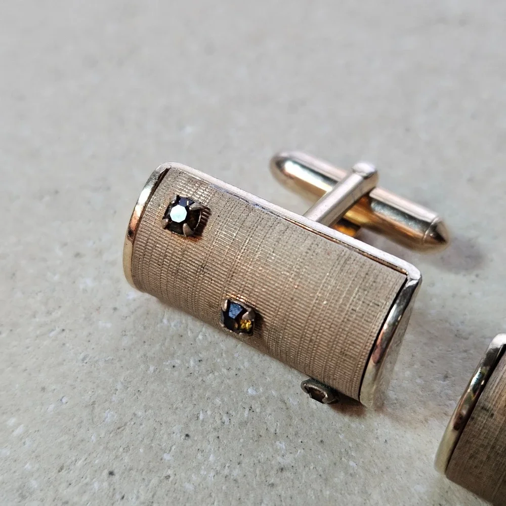 Swank‎ Vtg Gold Tone Textured Rhinestone Cufflinks Smoky Brown Mid Century MCM